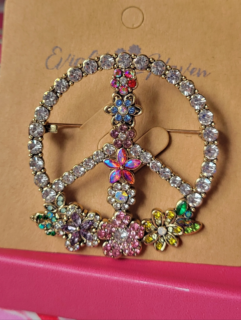 Peace Sign Brooch with Multi-color Crystals
